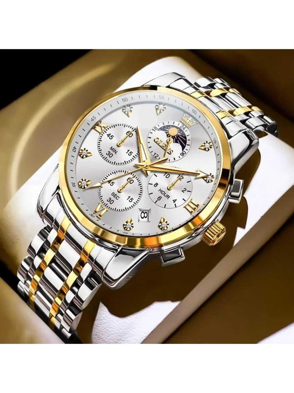 Men Silver Gold Diamond Analog Quartz Stainles Waterproof Luminous Classic Watch